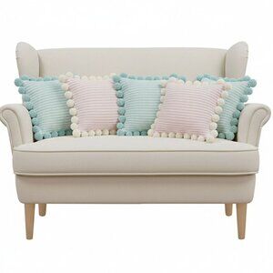 SOGA 5PC Light Blue Ribbed Pom Pom & Cream Waffle Weave Pillow Covers Set 45cm